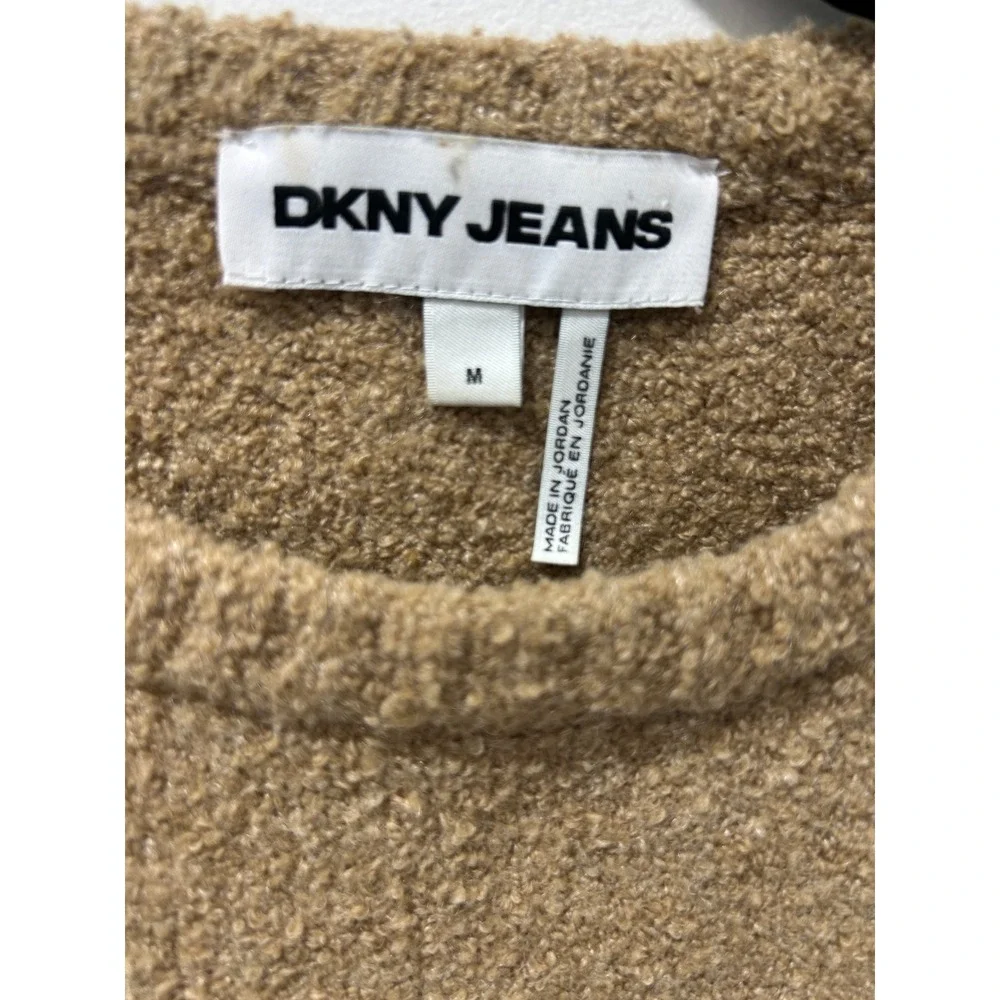 DKNY Jeans Womens Tan Boucle Knit Fuzzy Logo Crewneck Sweater Medium
